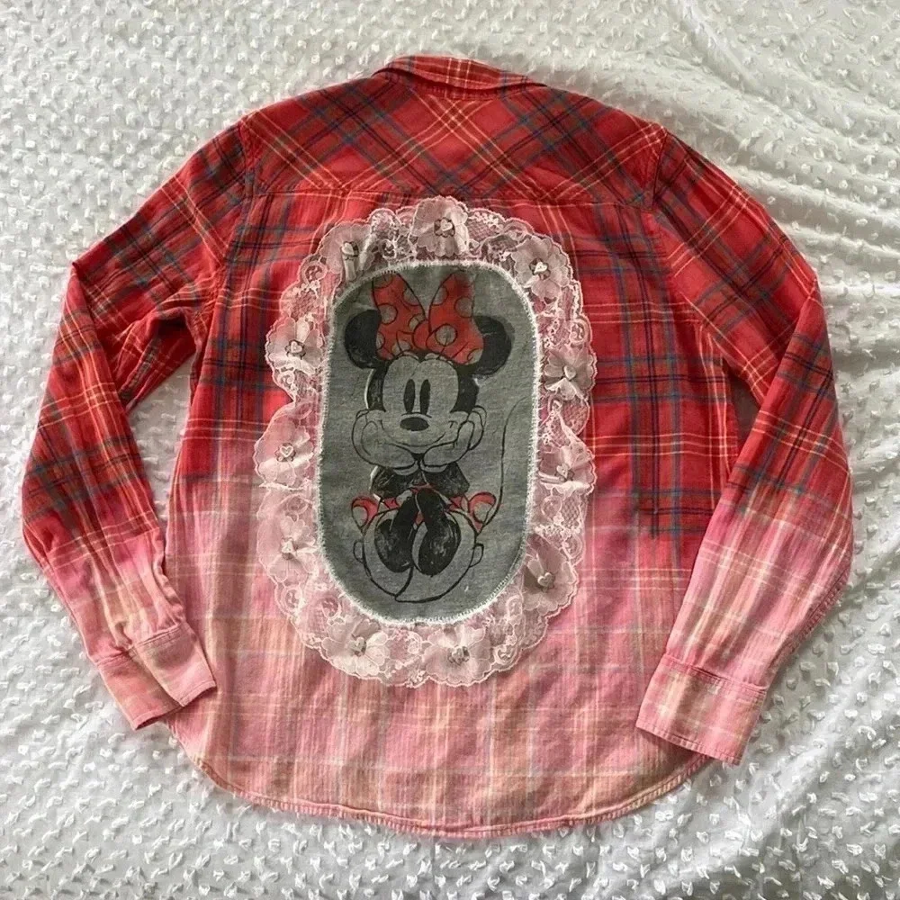 Jcrew Up Cycled Women Handmade Bleach Disney Minnie Mouse Flannel Sz 12 - Picture 2 of 11